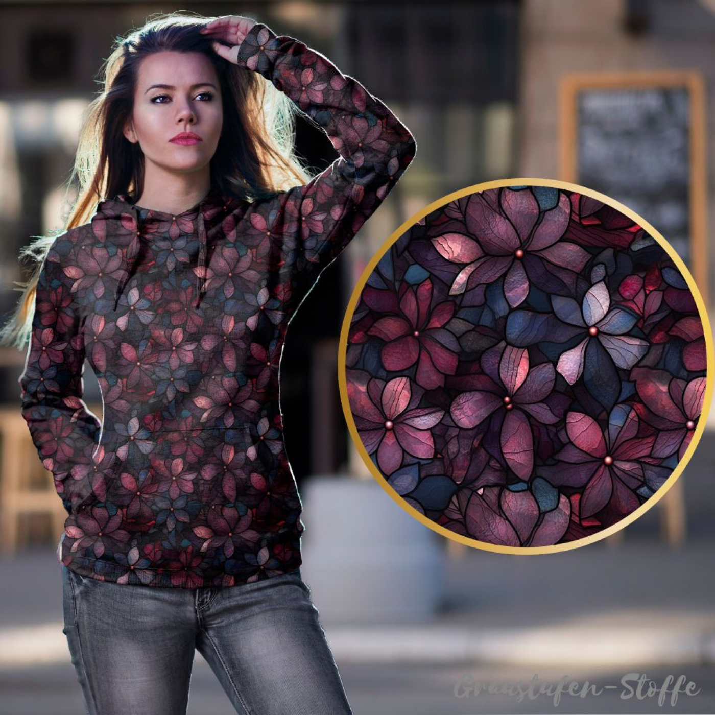 Bio French Terry mit Überbreite (Stoffbreite ca. 180 cm): Eigenproduktion  Red velvet blossom - von Graustufen-Stoffe